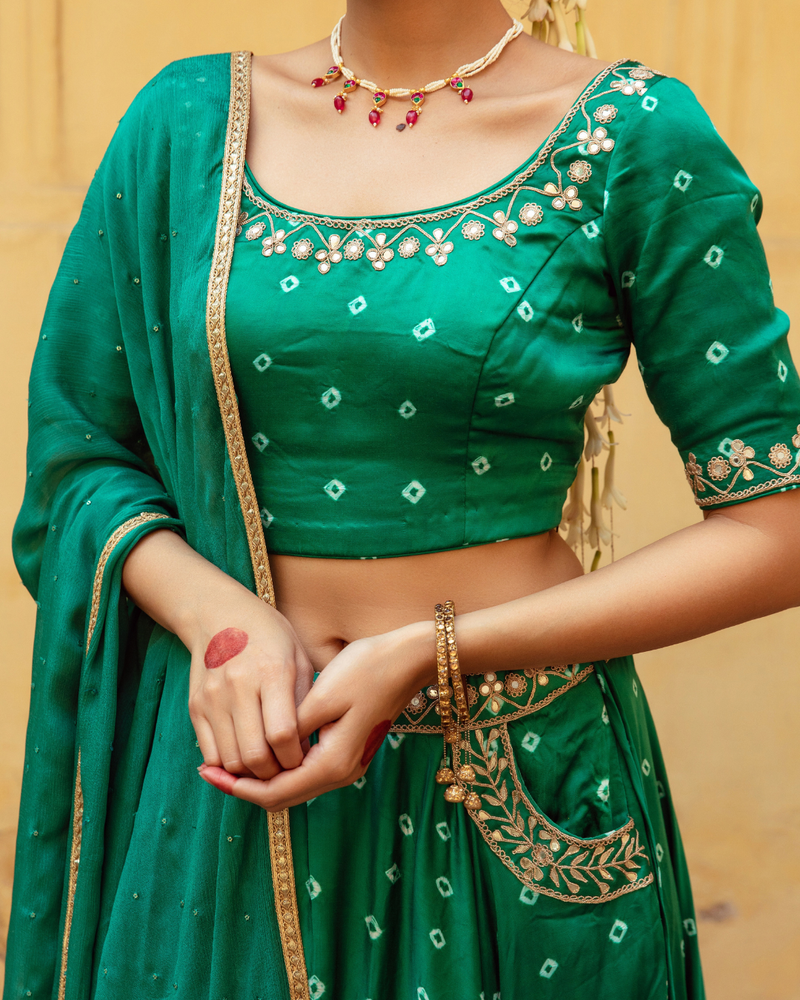 Green & White Bandhej Print Lehenga Set satin by Maison Shefali in multi color for women Worldwide