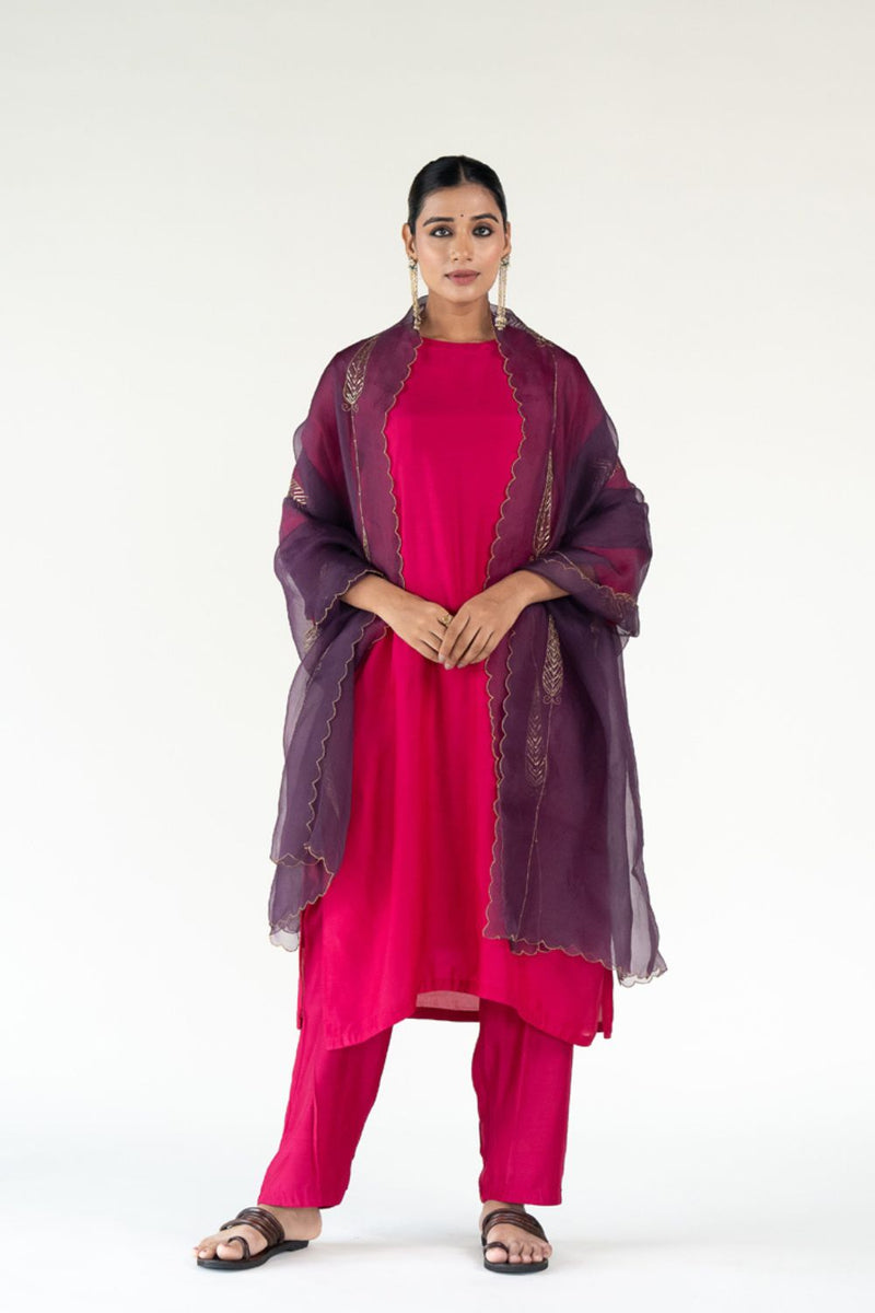 Gulzar Kurta Set with 
Shama Odhani-Rani Pink & Aubergine silk by Nirjara in multi color for women Worldwide