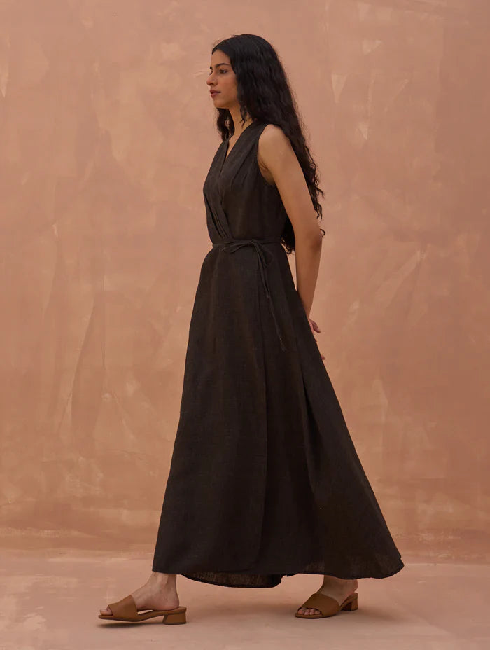 Maya Linen Wrap Dress - Charcoal by Manan in charcoal color for women Worldwide