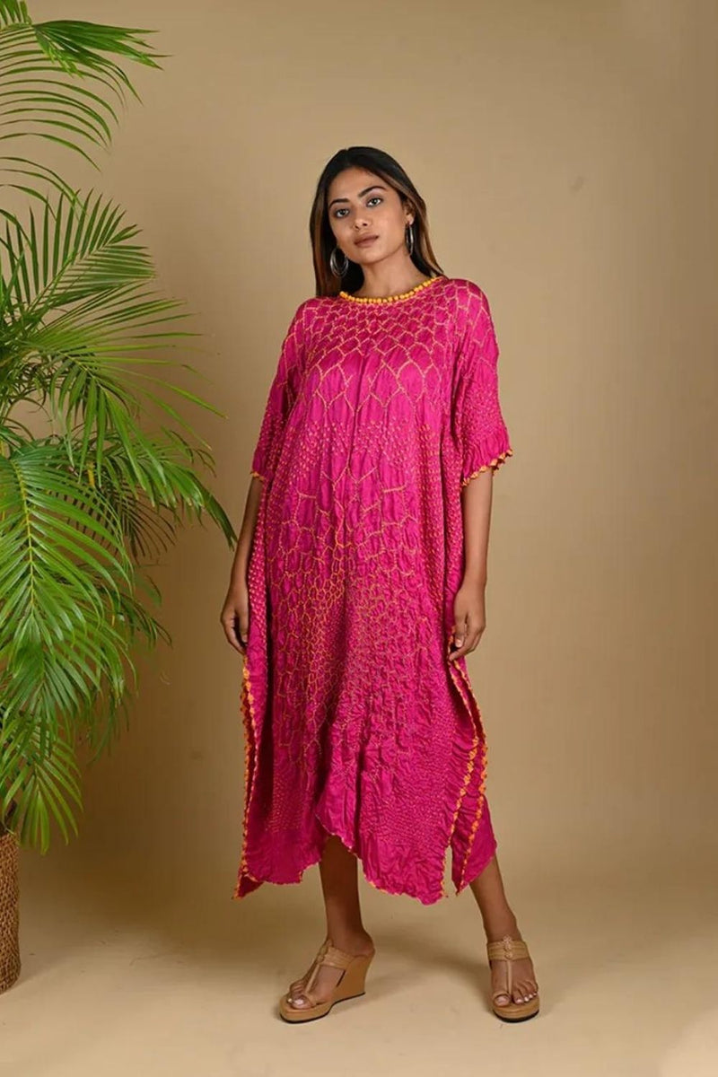 THREE FLOWERS KAFTAN-FUSCHIA PINK silk by Dyelogue for women Worldwide