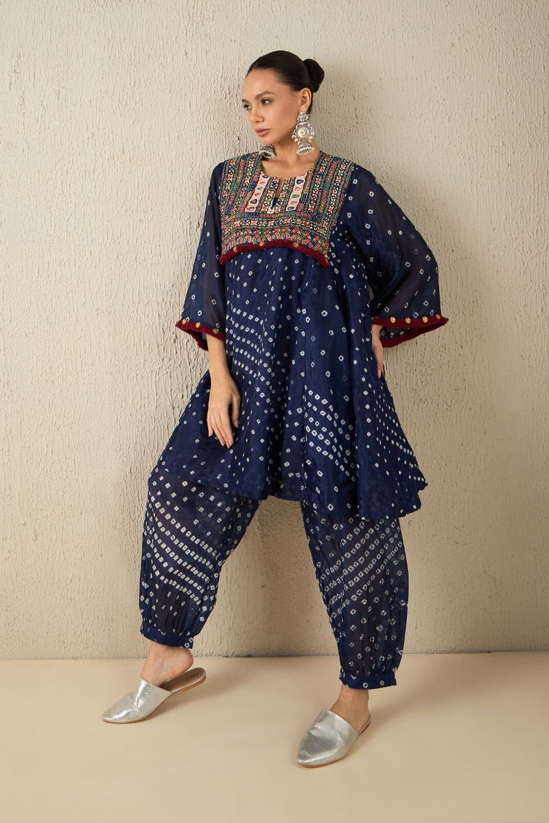 AFGHANI BANDHANI SET - Navy Blue silk by Aavidi in yellow color for women Worldwide