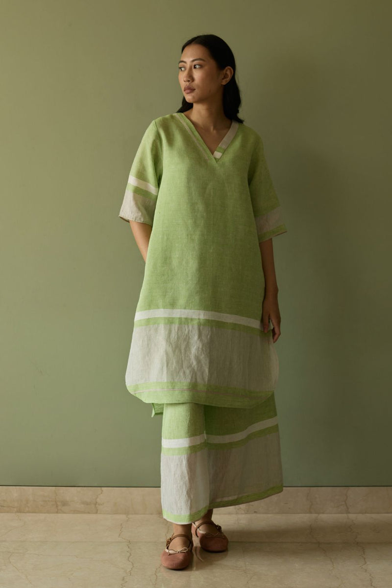 Iva Pleated Border Linen Kurta-Meadow linen by Manan in green color for women Worldwide