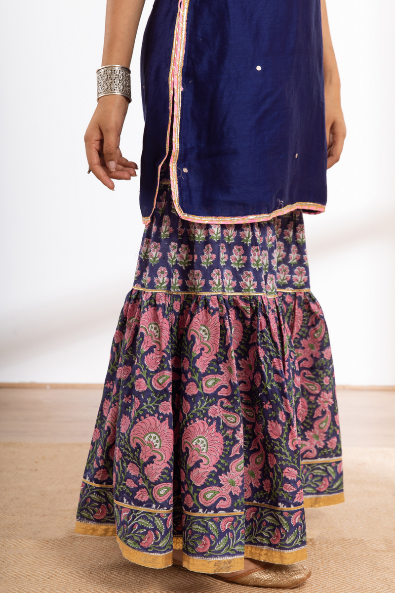 Rasika Neela Sharara Set - blue hand block printed chanderi sharara set chanderi by Maison Shefali in blue color for women Worldwide