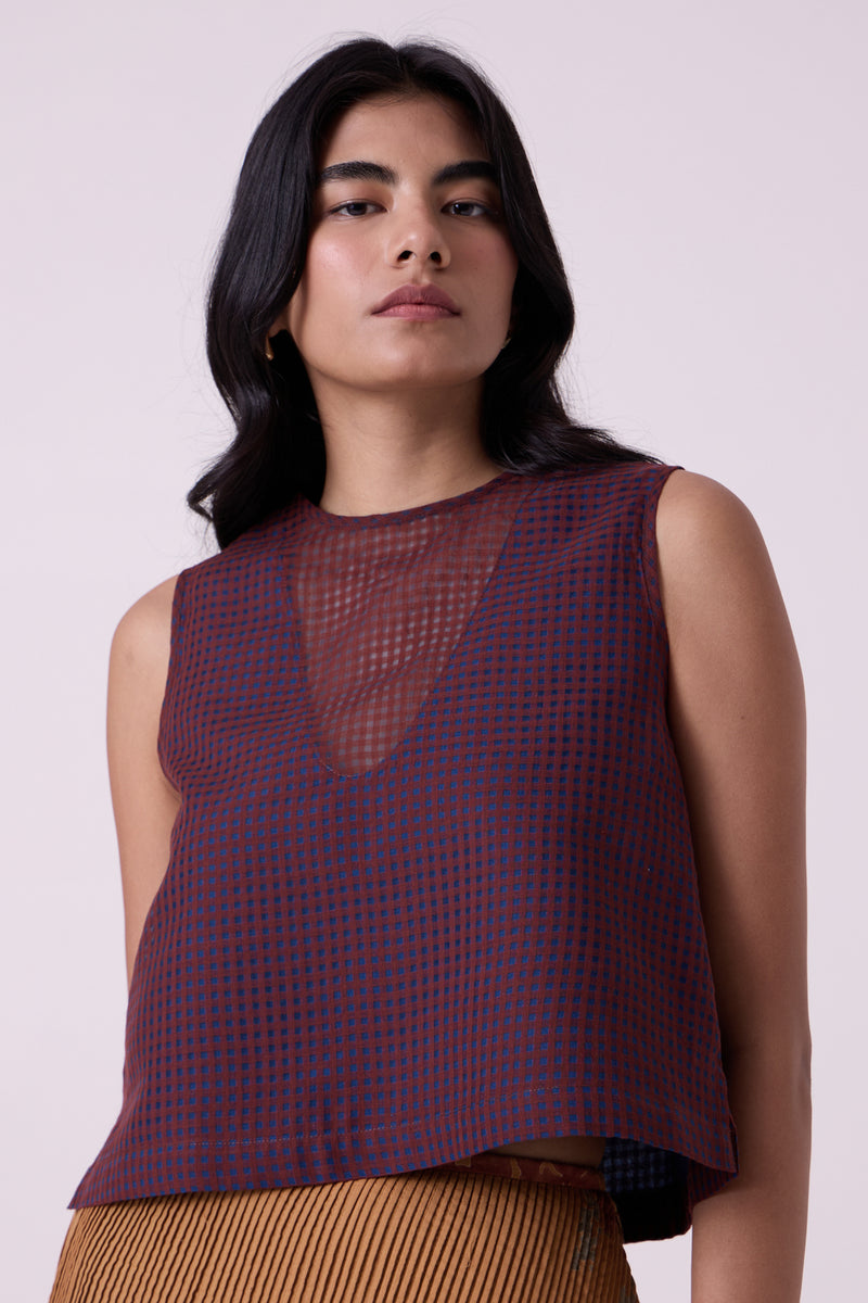 Ori Blue Checkered Handwoven Top handwoven silk cotton top/shirt by The Summer House in blue for women Worldwide