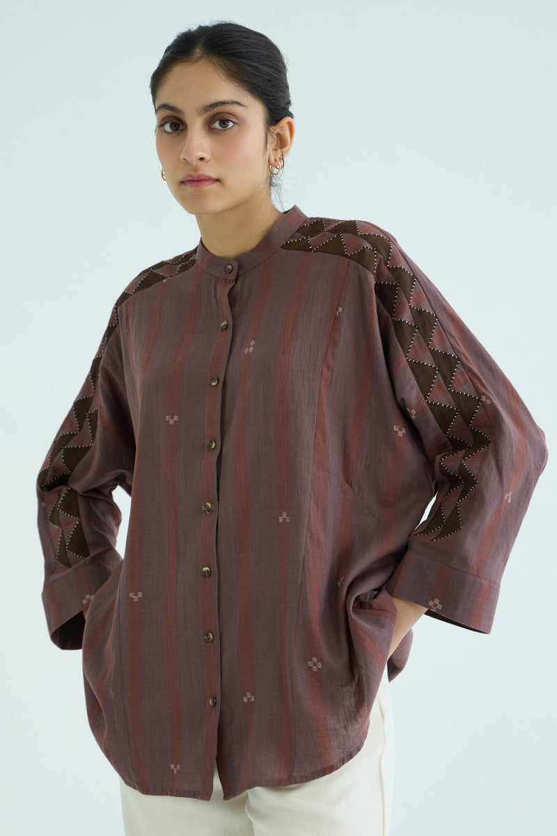 Amer Brown Handwoven Embroidered Top handwoven jamdhani cotton top/shirt by The Summer House in brown for women Worldwide
