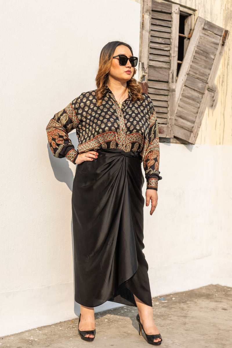 Noure Black Ajrakh Shirt Wrap Skirt Set satin by PRAHNAAYA in black color for women Worldwide