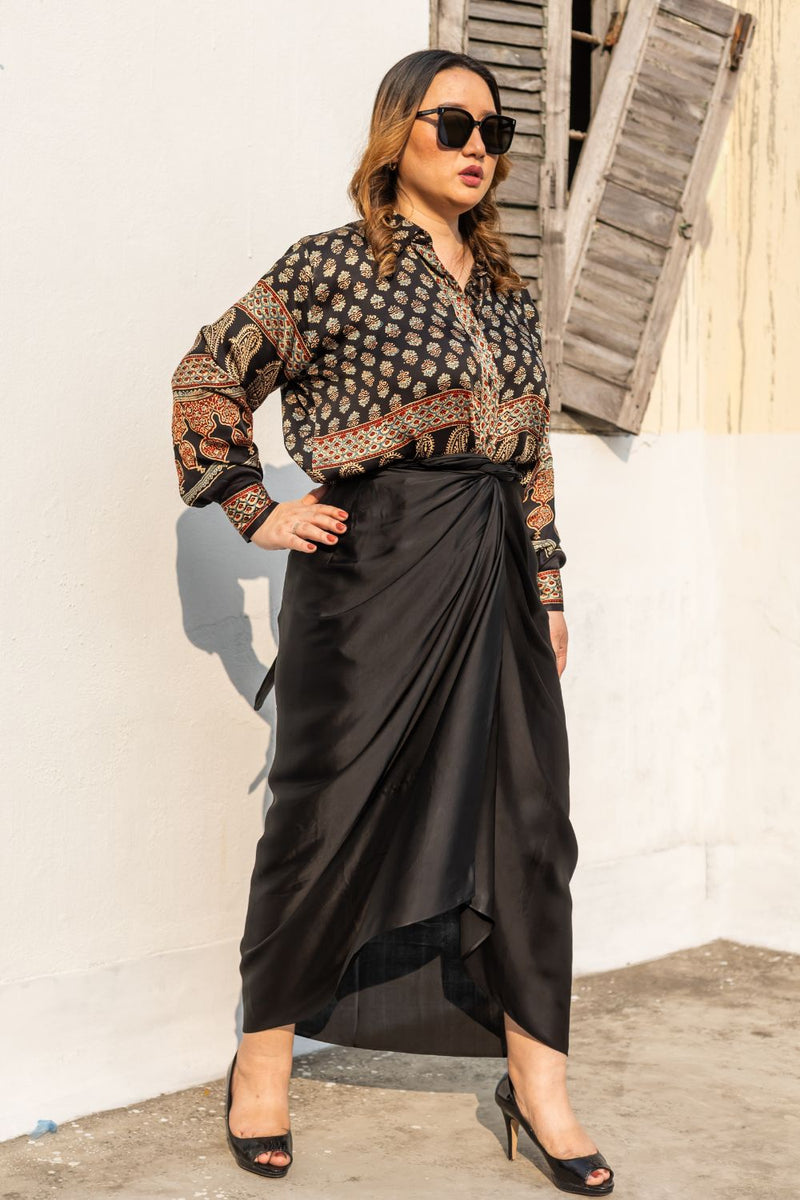 Noure Black Ajrakh Shirt Wrap Skirt Set satin by PRAHNAAYA in black color for women Worldwide