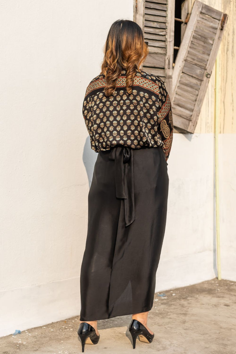 Noure Black Ajrakh Shirt Wrap Skirt Set satin by PRAHNAAYA in black color for women Worldwide