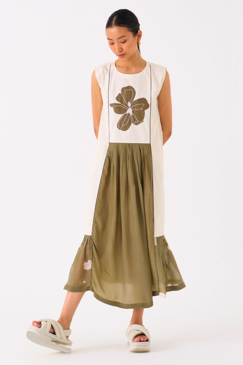 FLORAL PANELLED DRESS-IVORY/OLIVE poplin by THREE in olive color for women Worldwide