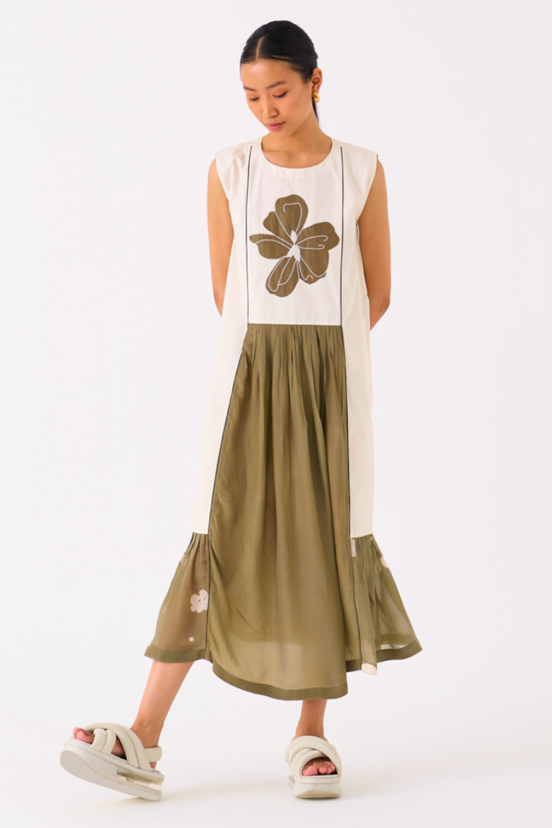 FLORAL PANELLED DRESS-IVORY/OLIVE