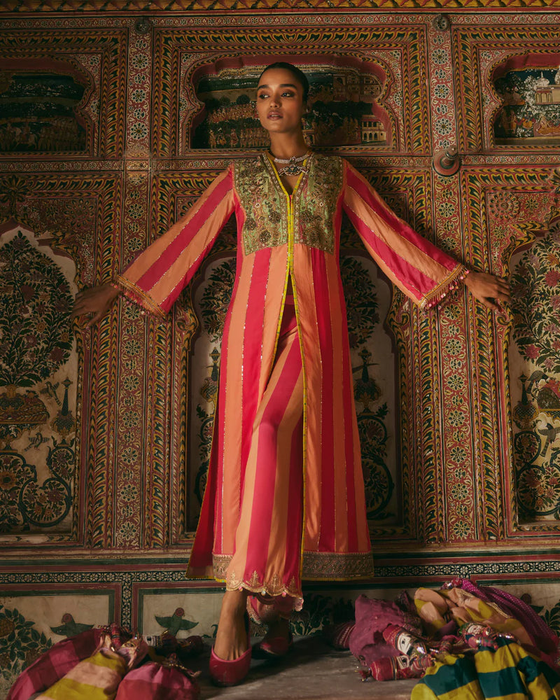 Khel Pink and Nude Yokr Embellished Jacket Kurta Set mul by Rajiramniq in multi color for women Worldwide