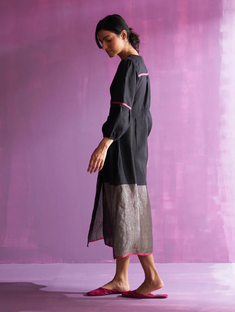 Zaina Metallic Wrap Dress - Black linen by Manan in black color for women Worldwide