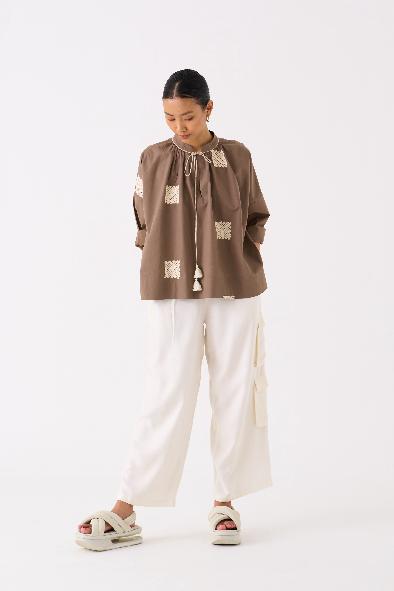 WAVE EMB. TOP CO-ORD 
(SET OF 2)-IVORY/ CEDAR chanderi by THREE for women Worldwide