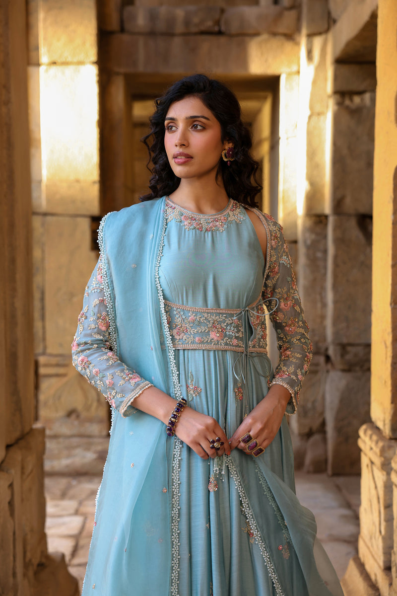 Vaayu Light Blue Heavy Koti Anarkali Set silk modal kurta/kurta set by Niti Bothra in light blue for women Worldwide