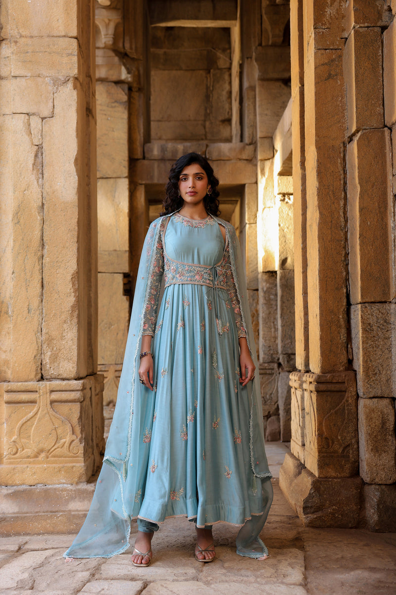 Vaayu Light Blue Heavy Koti Anarkali Set silk modal kurta/kurta set by Niti Bothra in light blue for women Worldwide