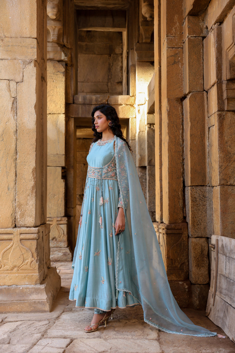 Vaayu Light Blue Heavy Koti Anarkali Set silk modal kurta/kurta set by Niti Bothra in light blue for women Worldwide