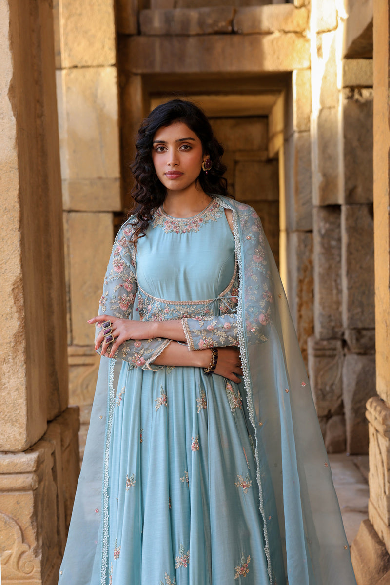 Vaayu Light Blue Heavy Koti Anarkali Set silk modal kurta/kurta set by Niti Bothra in light blue for women Worldwide