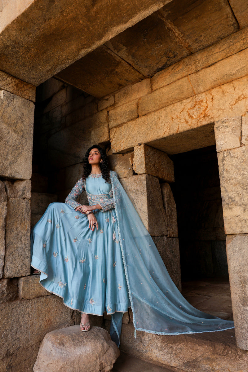 Vaayu Light Blue Heavy Koti Anarkali Set silk modal kurta/kurta set by Niti Bothra in light blue for women Worldwide