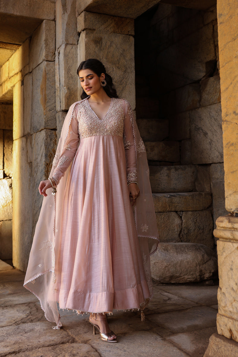 Vaayu Light Pink Applique Kalidar Set silk modal kurta/kurta set by Niti Bothra in light pink for women Worldwide
