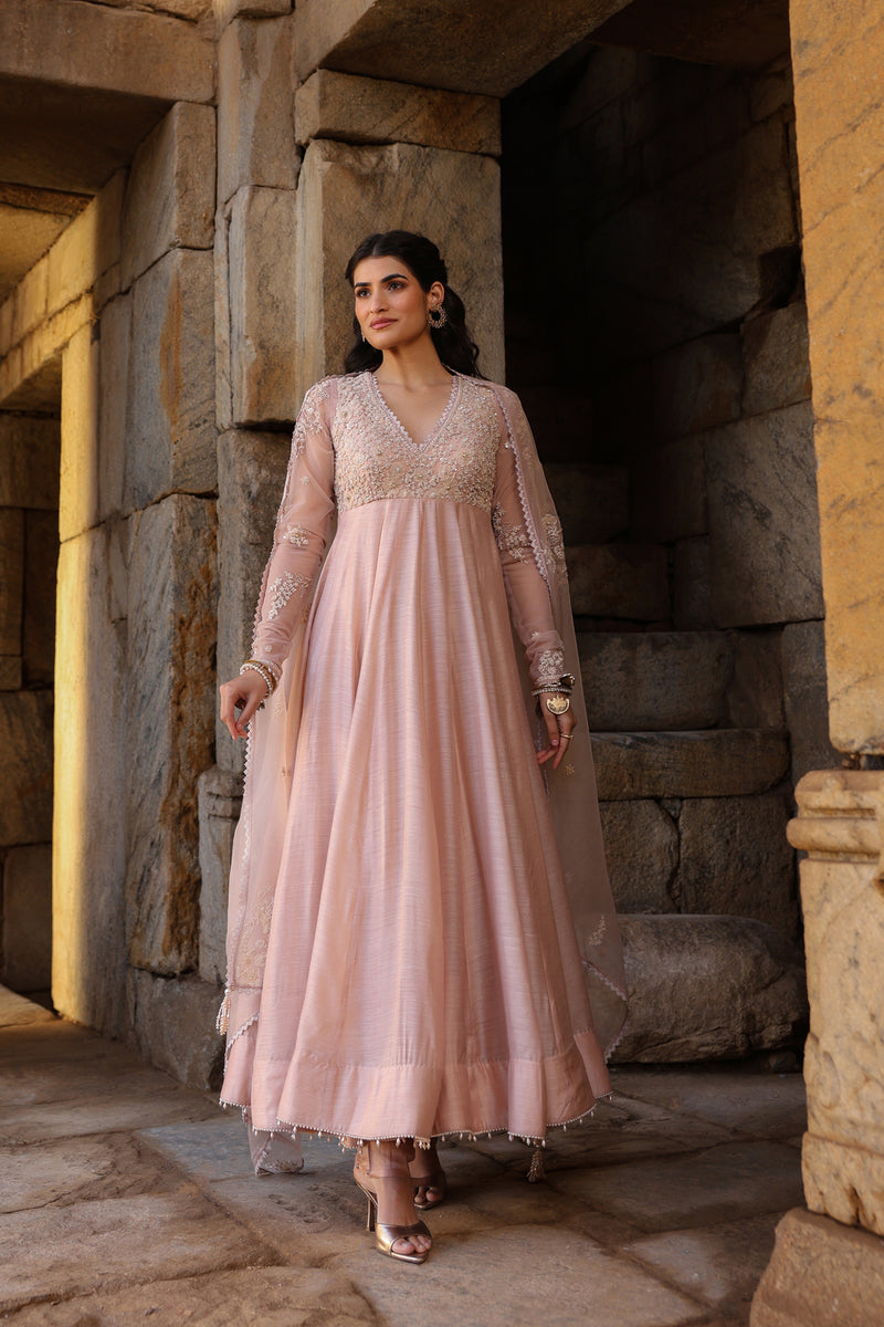 Vaayu Light Pink Applique Kalidar Set silk modal kurta/kurta set by Niti Bothra in light pink for women Worldwide