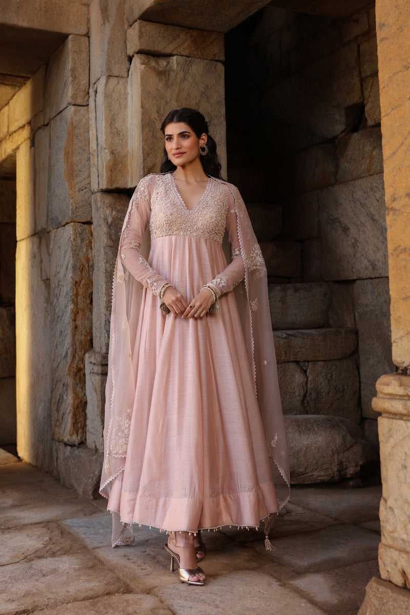 Vaayu Light Pink Applique Kalidar Set silk modal kurta/kurta set by Niti Bothra in light pink for women Worldwide