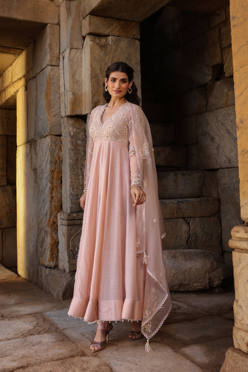 Vaayu Light Pink Applique Kalidar Set silk modal kurta/kurta set by Niti Bothra in light pink for women Worldwide