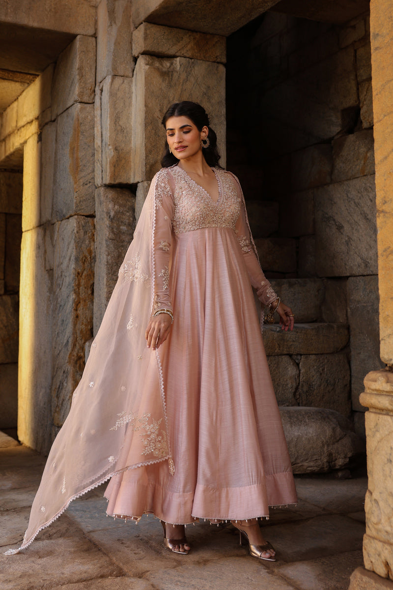 Vaayu Light Pink Applique Kalidar Set silk modal kurta/kurta set by Niti Bothra in light pink for women Worldwide