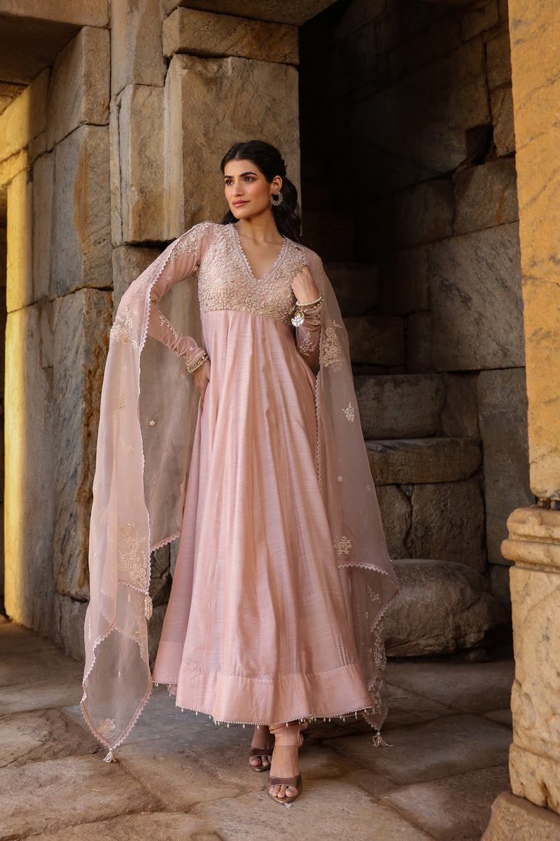 Vaayu Light Pink Applique Kalidar Set silk modal kurta/kurta set by Niti Bothra in light pink for women Worldwide