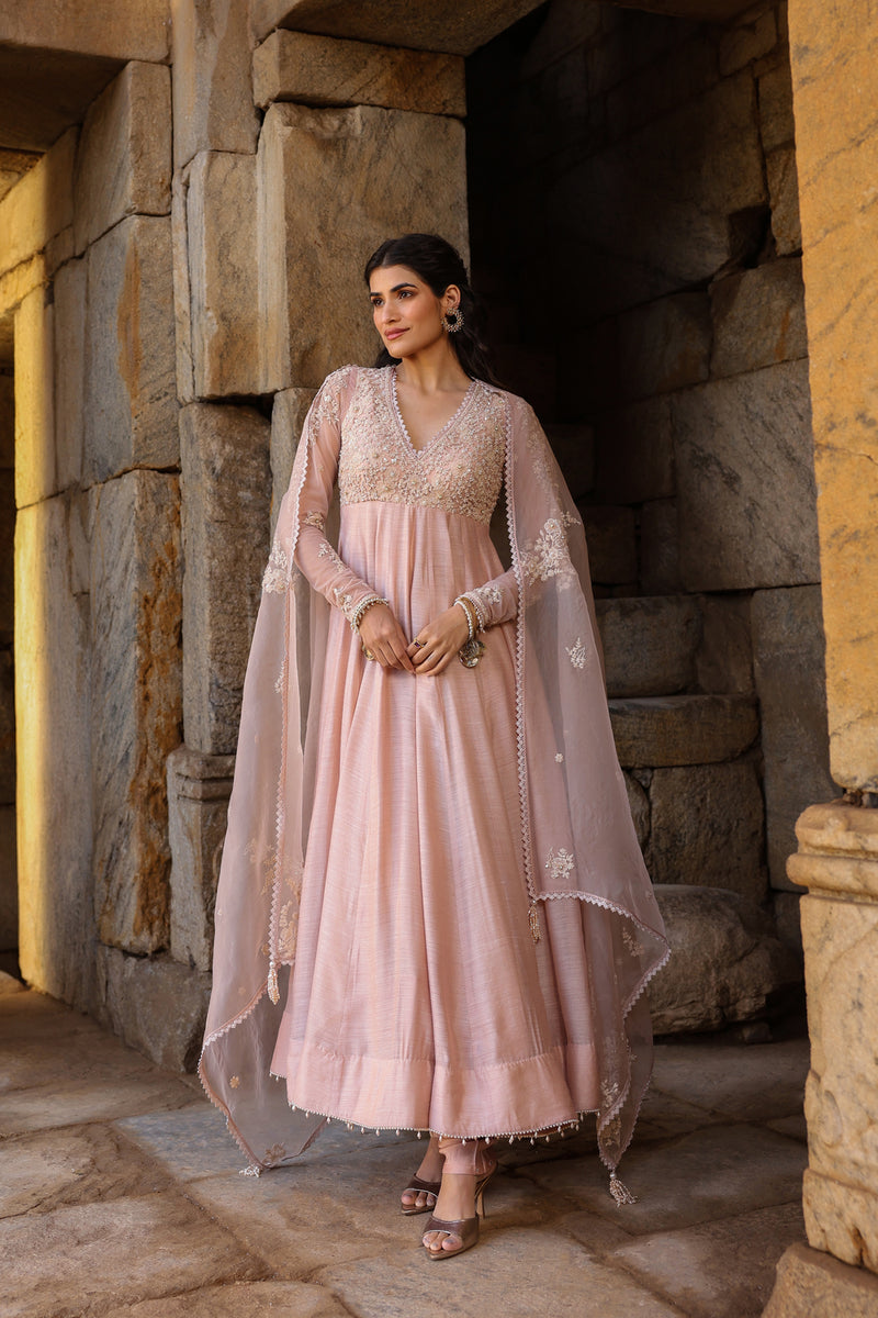 Vaayu Light Pink Applique Kalidar Set silk modal kurta/kurta set by Niti Bothra in light pink for women Worldwide