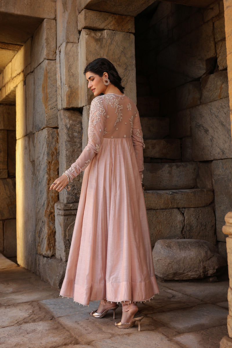 Vaayu Light Pink Applique Kalidar Set silk modal kurta/kurta set by Niti Bothra in light pink for women Worldwide