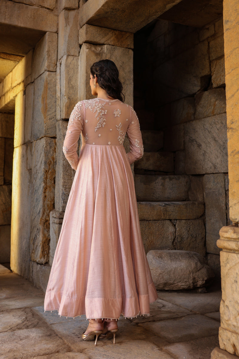 Vaayu Light Pink Applique Kalidar Set silk modal kurta/kurta set by Niti Bothra in light pink for women Worldwide