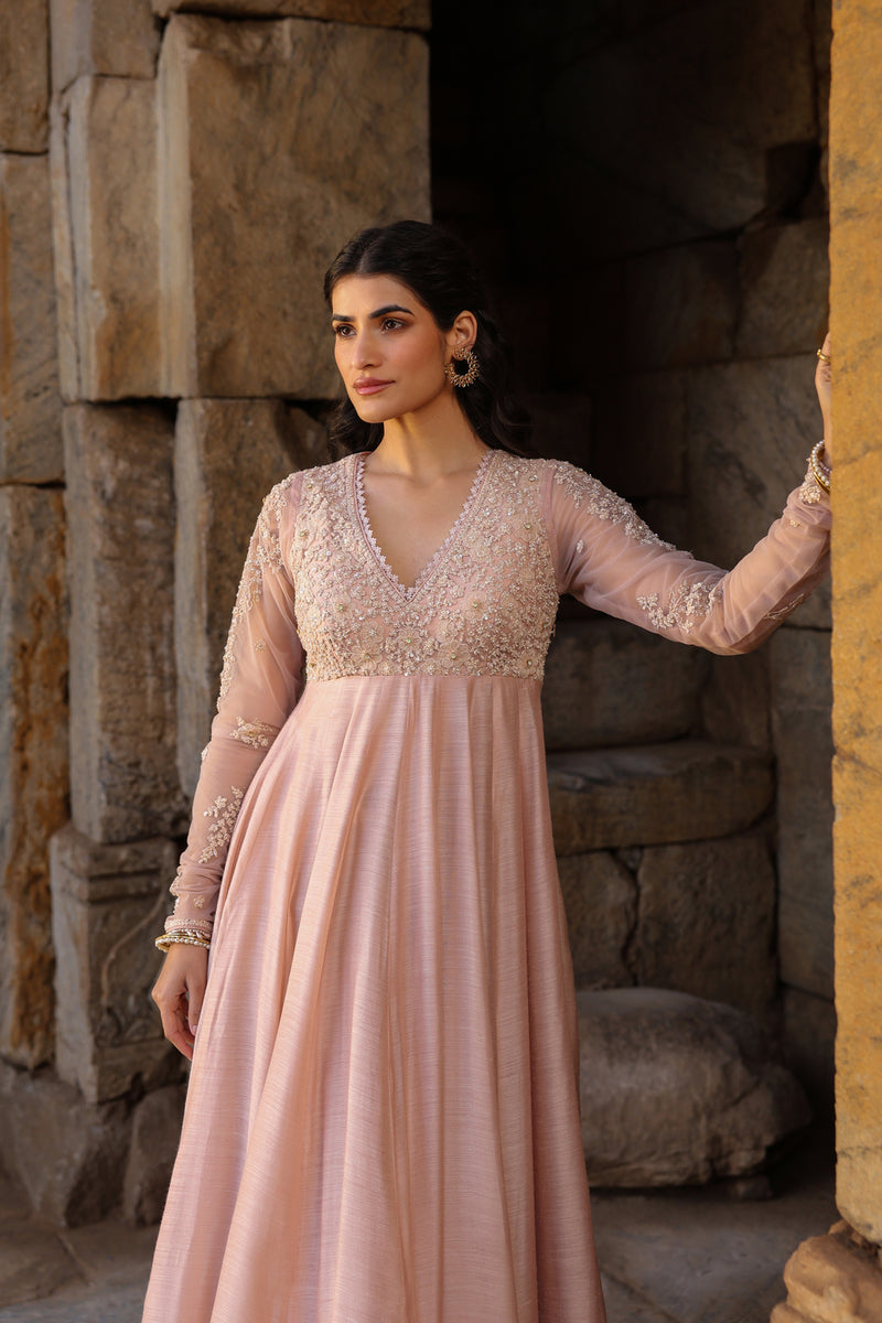 Vaayu Light Pink Applique Kalidar Set silk modal kurta/kurta set by Niti Bothra in light pink for women Worldwide