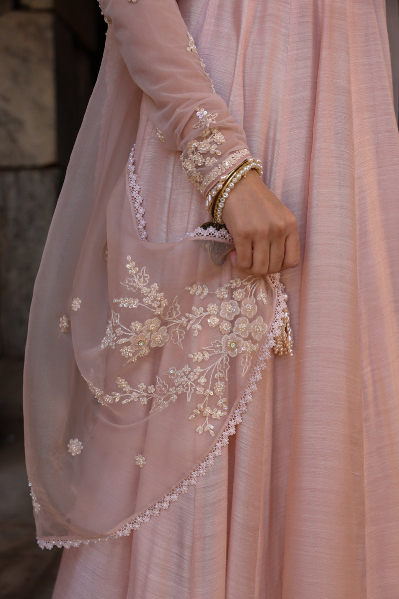 Vaayu Light Pink Applique Kalidar Set silk modal kurta/kurta set by Niti Bothra in light pink for women Worldwide
