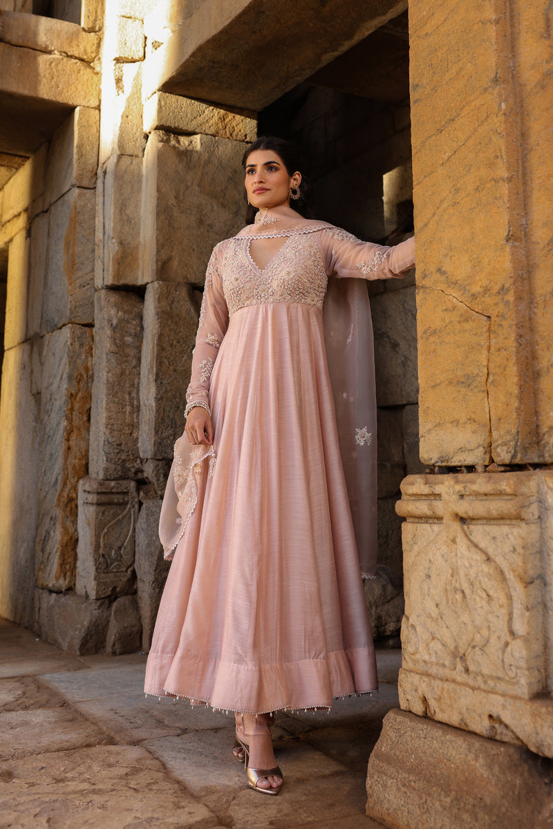 Vaayu Light Pink Applique Kalidar Set silk modal kurta/kurta set by Niti Bothra in light pink for women Worldwide