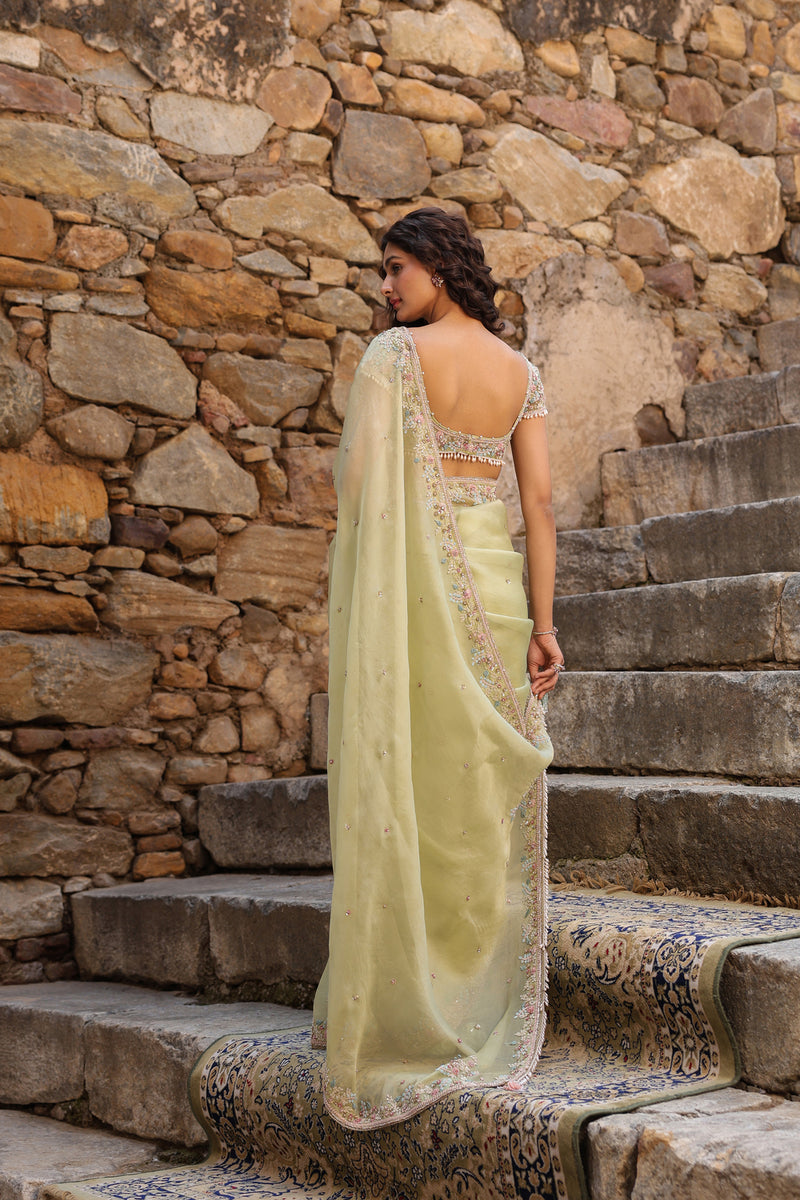 Vaayu Green Multicolor Border Saree Set organza saree by Niti Bothra in green for women Worldwide