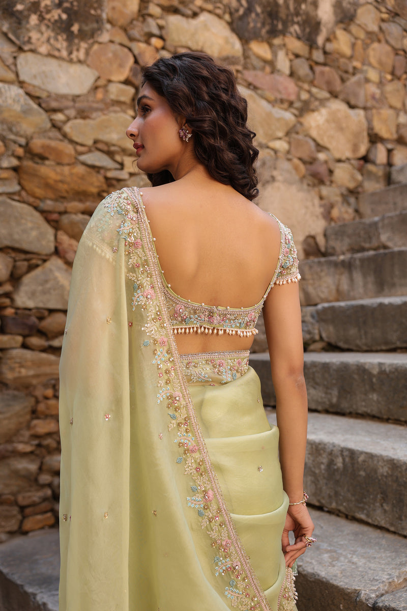 Vaayu Green Multicolor Border Saree Set organza saree by Niti Bothra in green for women Worldwide