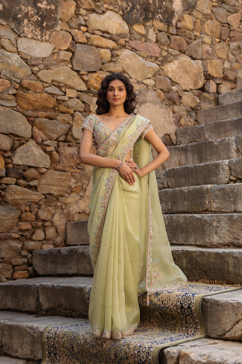 Vaayu Green Multicolor Border Saree Set organza saree by Niti Bothra in green for women Worldwide