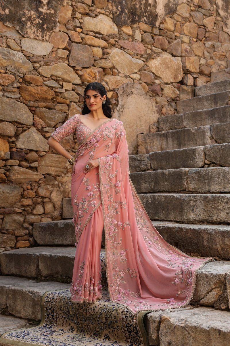 Vaayu Pink Jaal Saree Set georgette saree by Niti Bothra in pink for women Worldwide