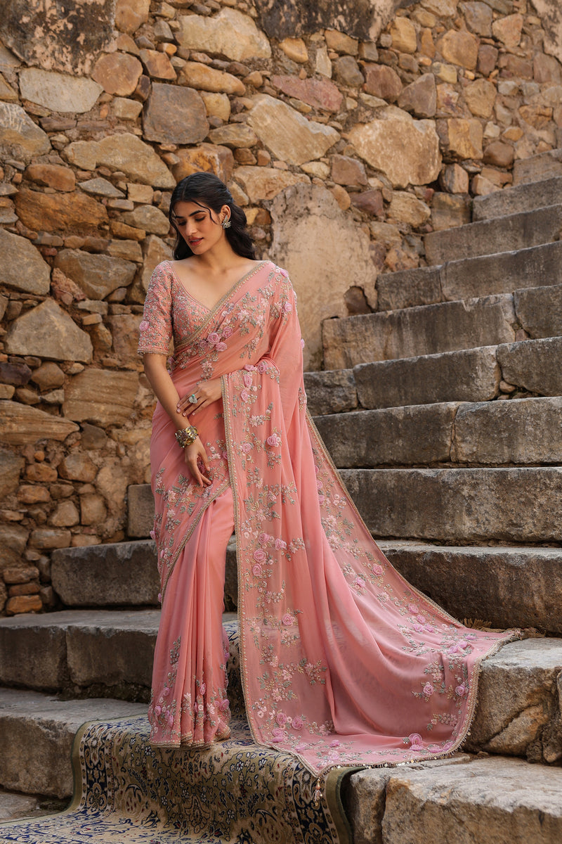 Vaayu Pink Jaal Saree Set georgette saree by Niti Bothra in pink for women Worldwide