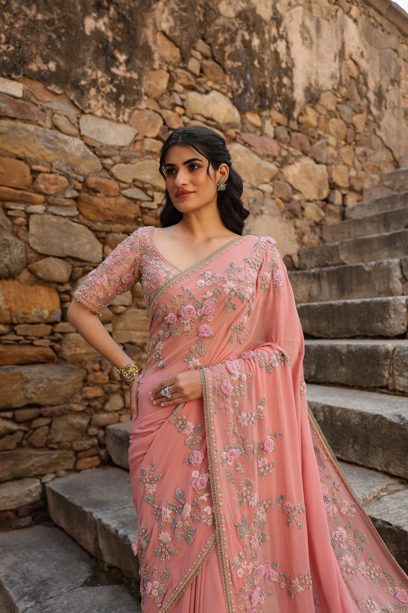 Vaayu Pink Jaal Saree Set georgette saree by Niti Bothra in pink for women Worldwide