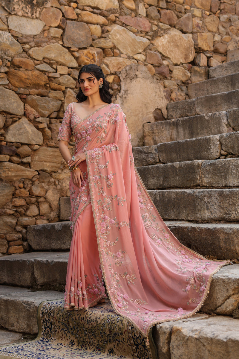Vaayu Pink Jaal Saree Set georgette saree by Niti Bothra in pink for women Worldwide