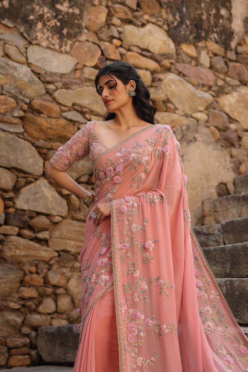 Vaayu Pink Jaal Saree Set georgette saree by Niti Bothra in pink for women Worldwide