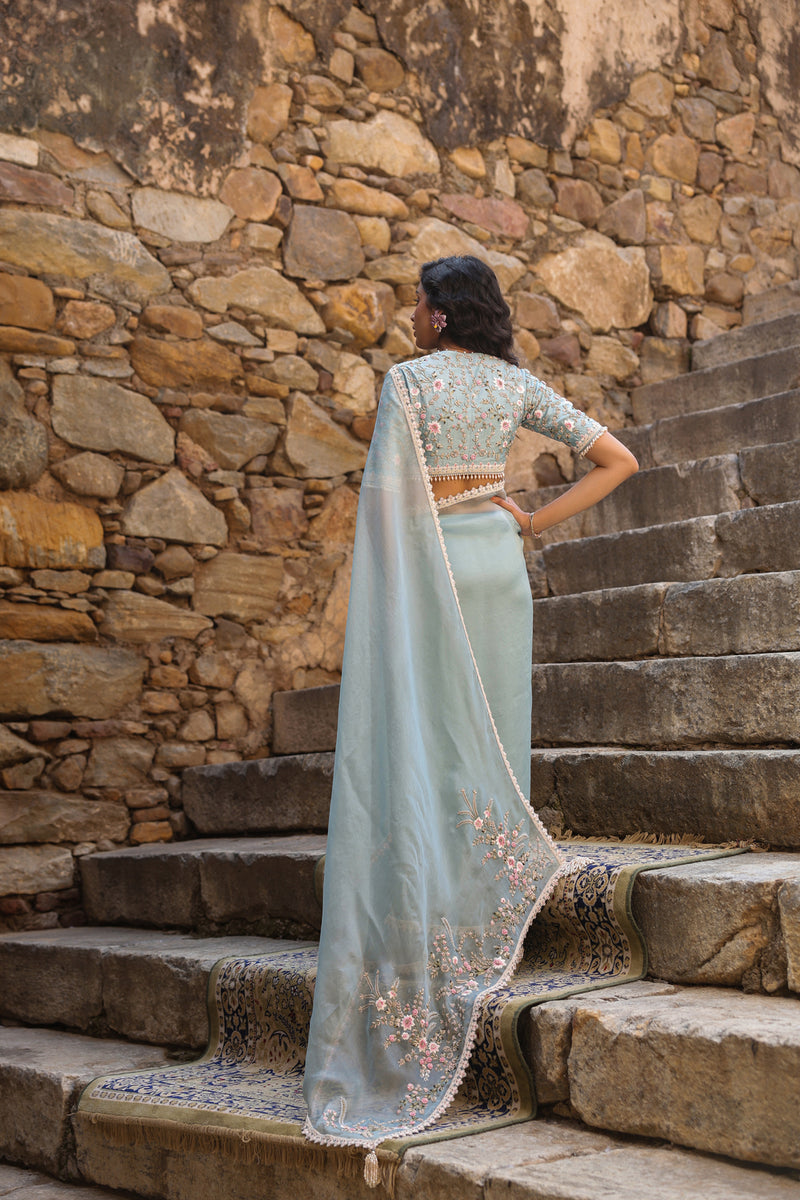 Vaayu Light Blue Phool Patti Saree Set organza saree by Niti Bothra in light blue for women Worldwide