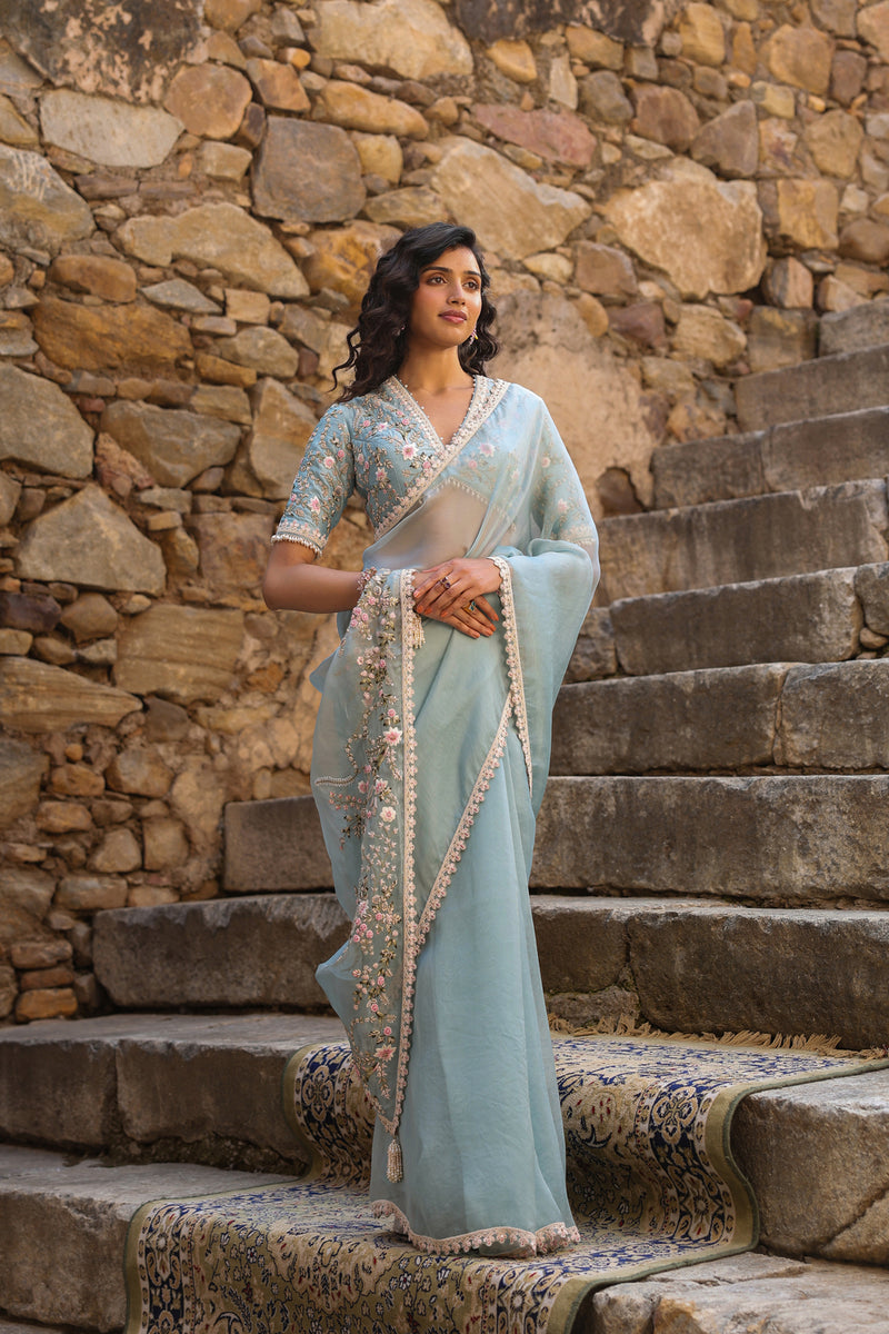 Vaayu Light Blue Phool Patti Saree Set organza saree by Niti Bothra in light blue for women Worldwide