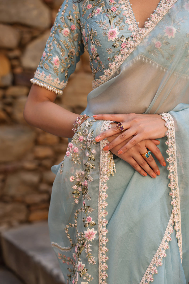 Vaayu Light Blue Phool Patti Saree Set organza saree by Niti Bothra in light blue for women Worldwide