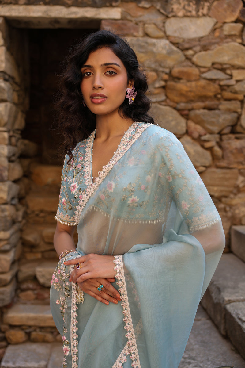 Vaayu Light Blue Phool Patti Saree Set organza saree by Niti Bothra in light blue for women Worldwide