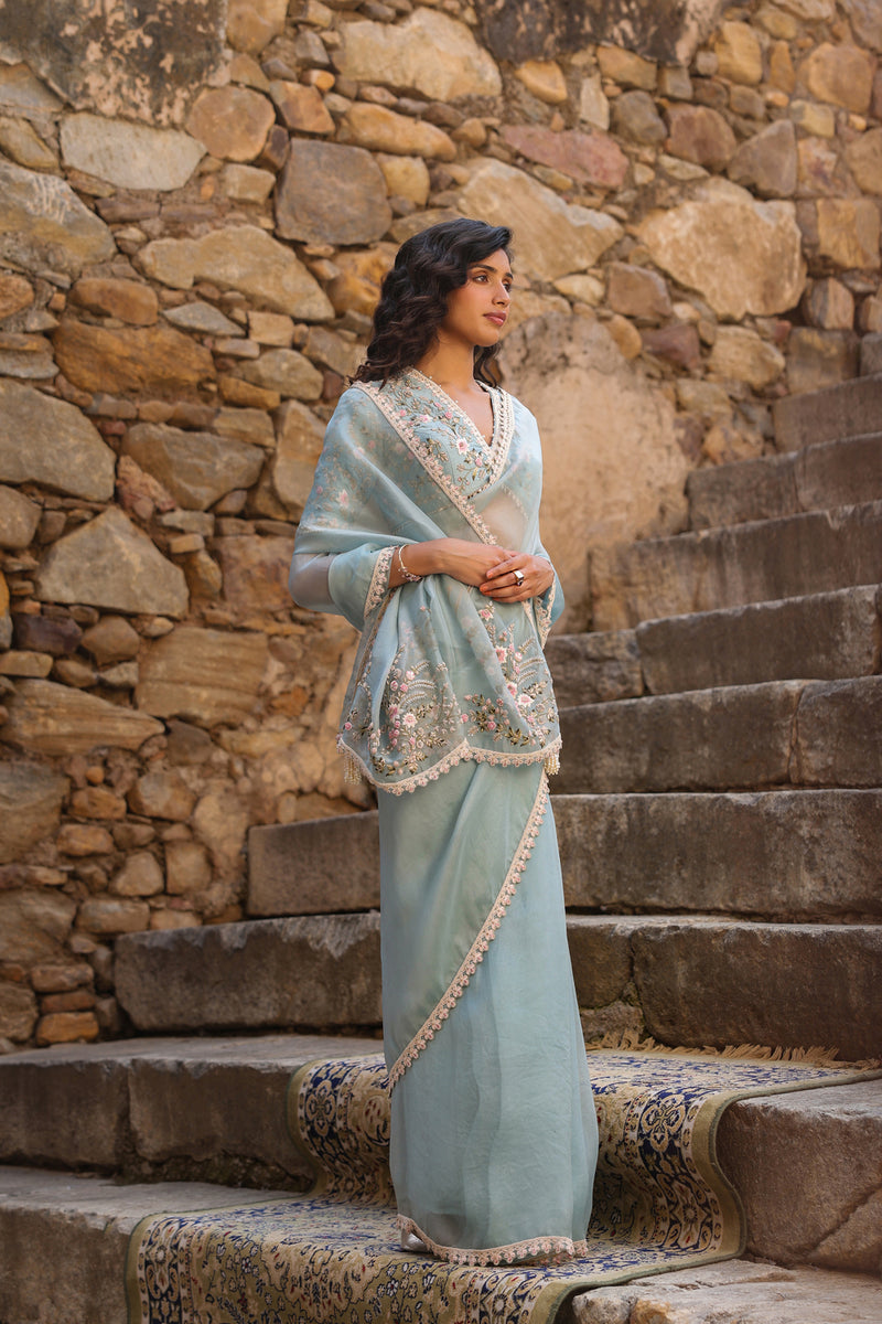 Vaayu Light Blue Phool Patti Saree Set organza saree by Niti Bothra in light blue for women Worldwide