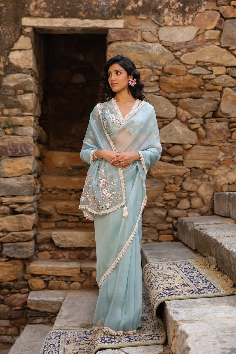 Vaayu Light Blue Phool Patti Saree Set organza saree by Niti Bothra in light blue for women Worldwide