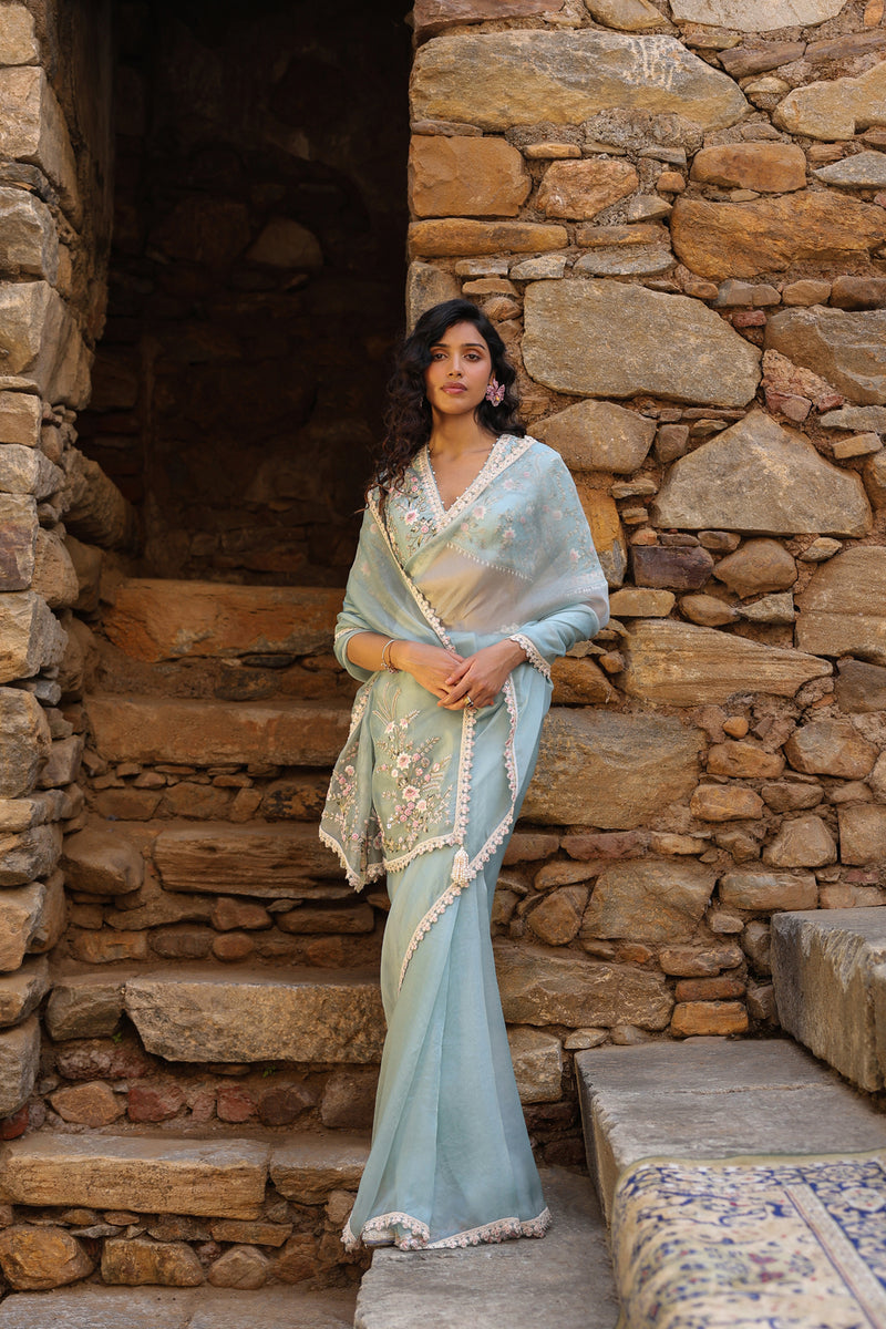 Vaayu Light Blue Phool Patti Saree Set organza saree by Niti Bothra in light blue for women Worldwide