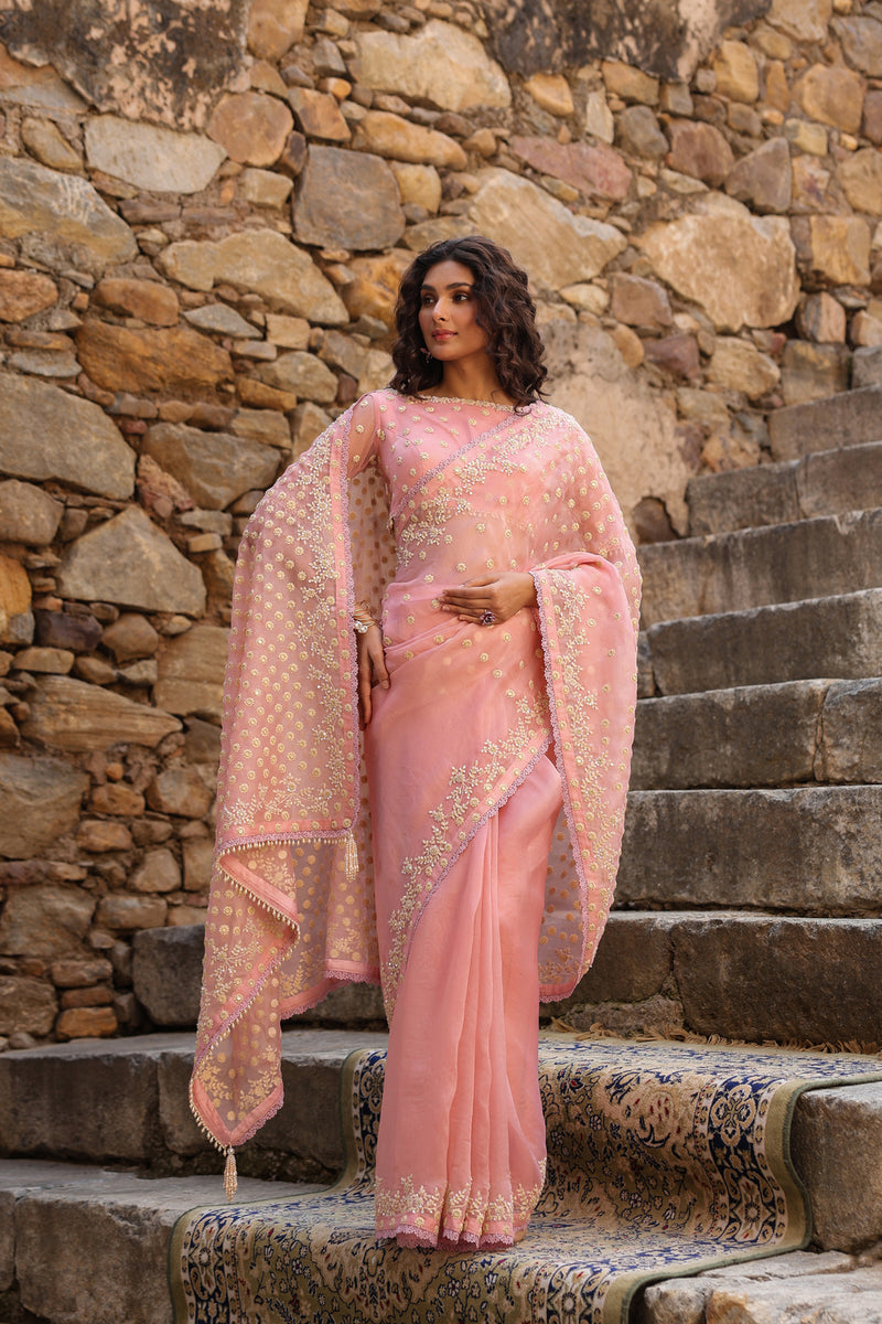 Vaayu Pink Heavy Butti Jaal Saree Set organza saree by Niti Bothra in pink for women Worldwide
